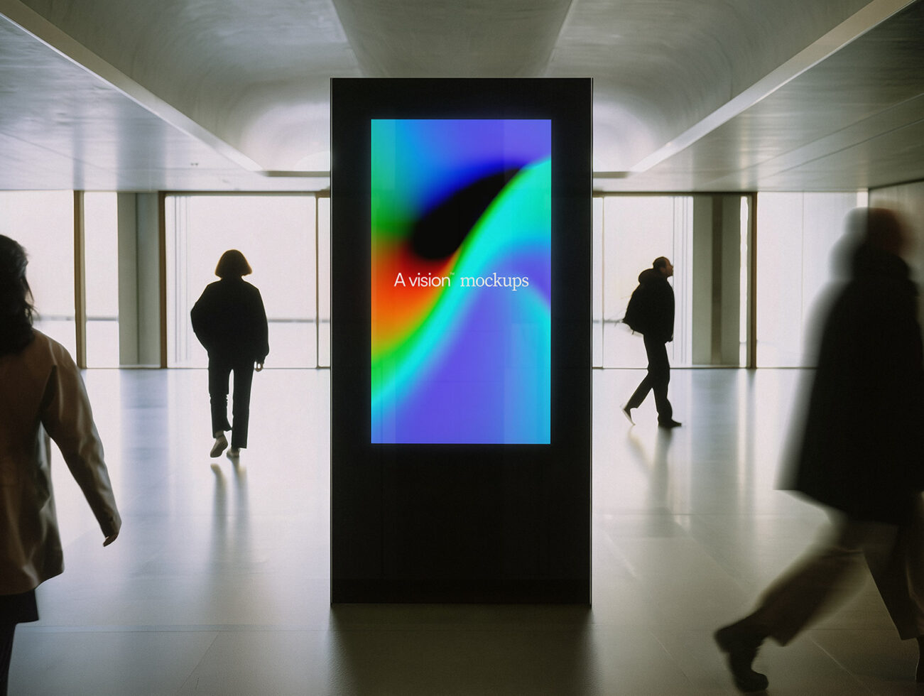 Digital kiosk display showing vibrant gradient in modern airport hallway