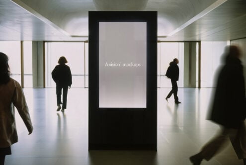 Minimalist digital display in sleek hallway with A vision mockups on neutral background