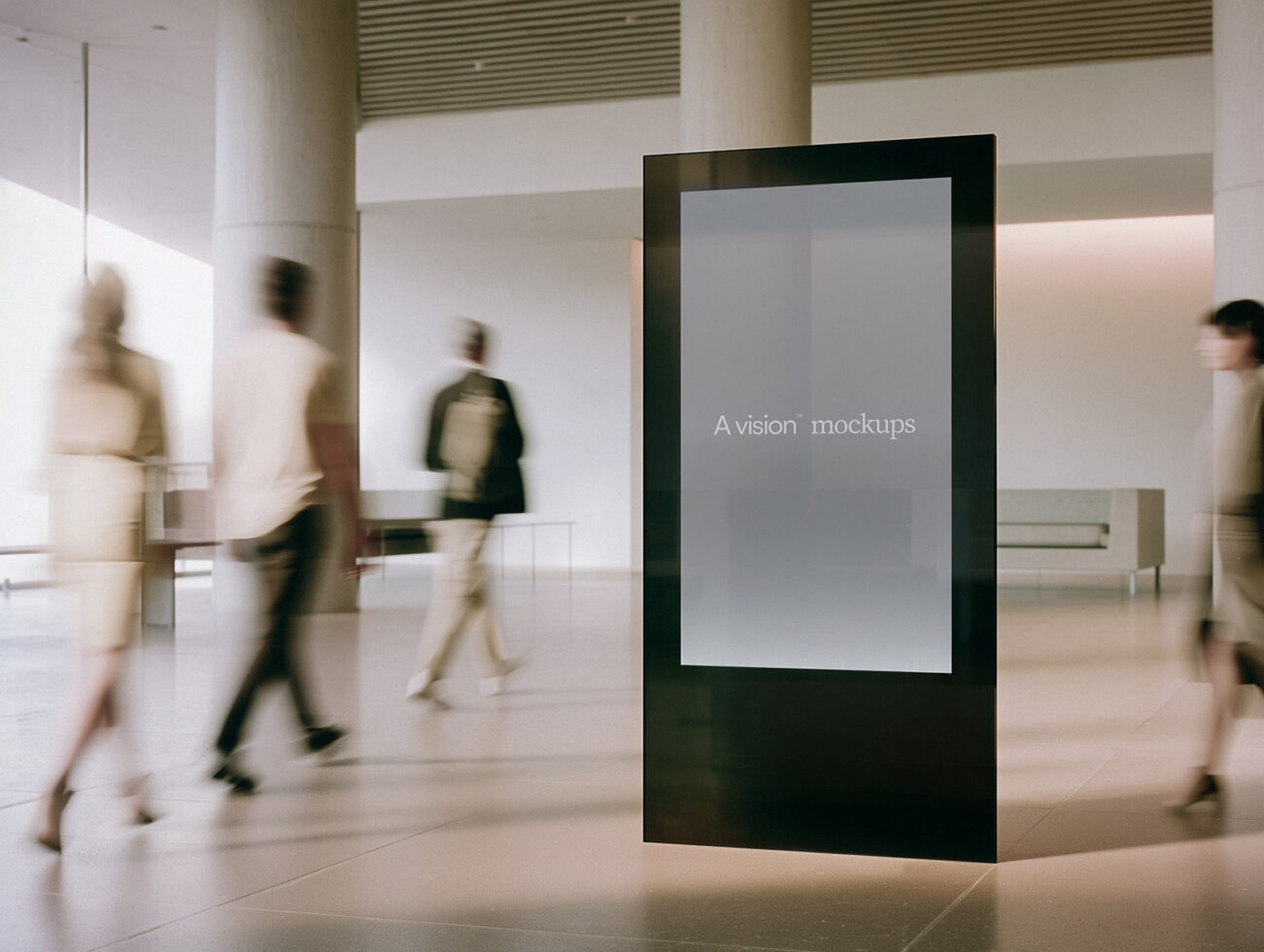 Black digital kiosk in minimalist hallway with empty gray screen surrounded by passersby