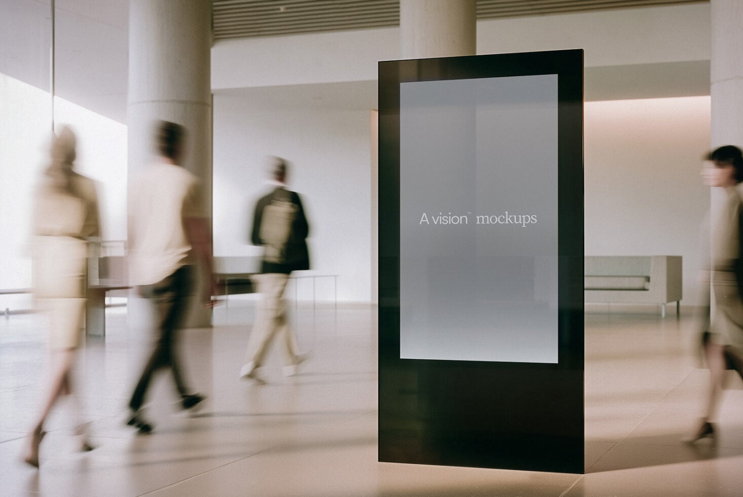 Blank vertical screen display in minimalist gallery with soft natural lighting