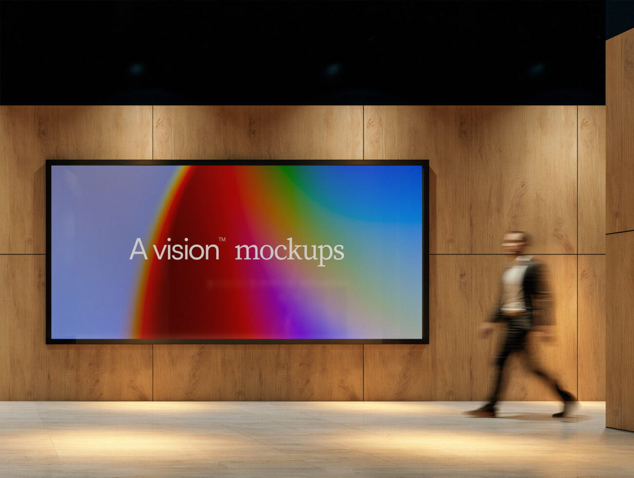 Wide screen display with colorful gradient showing text in lobby