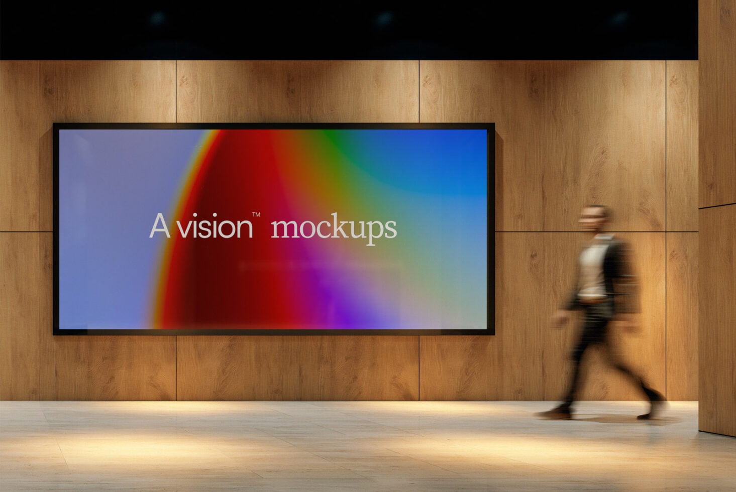 Large horizontal screen with rainbow gradient in modern hallway