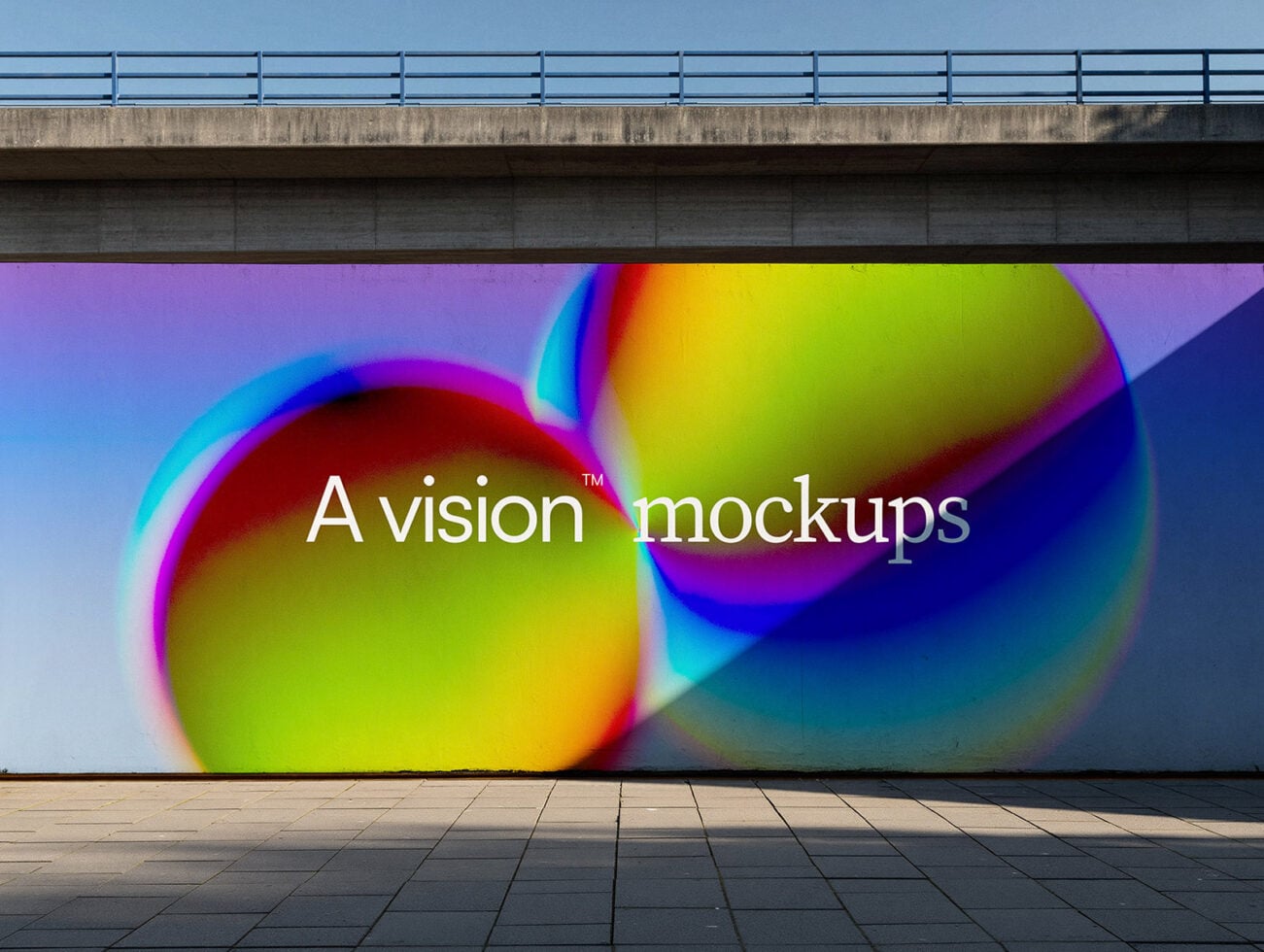Large billboard under overpass with vibrant neon gradient orbs, white text