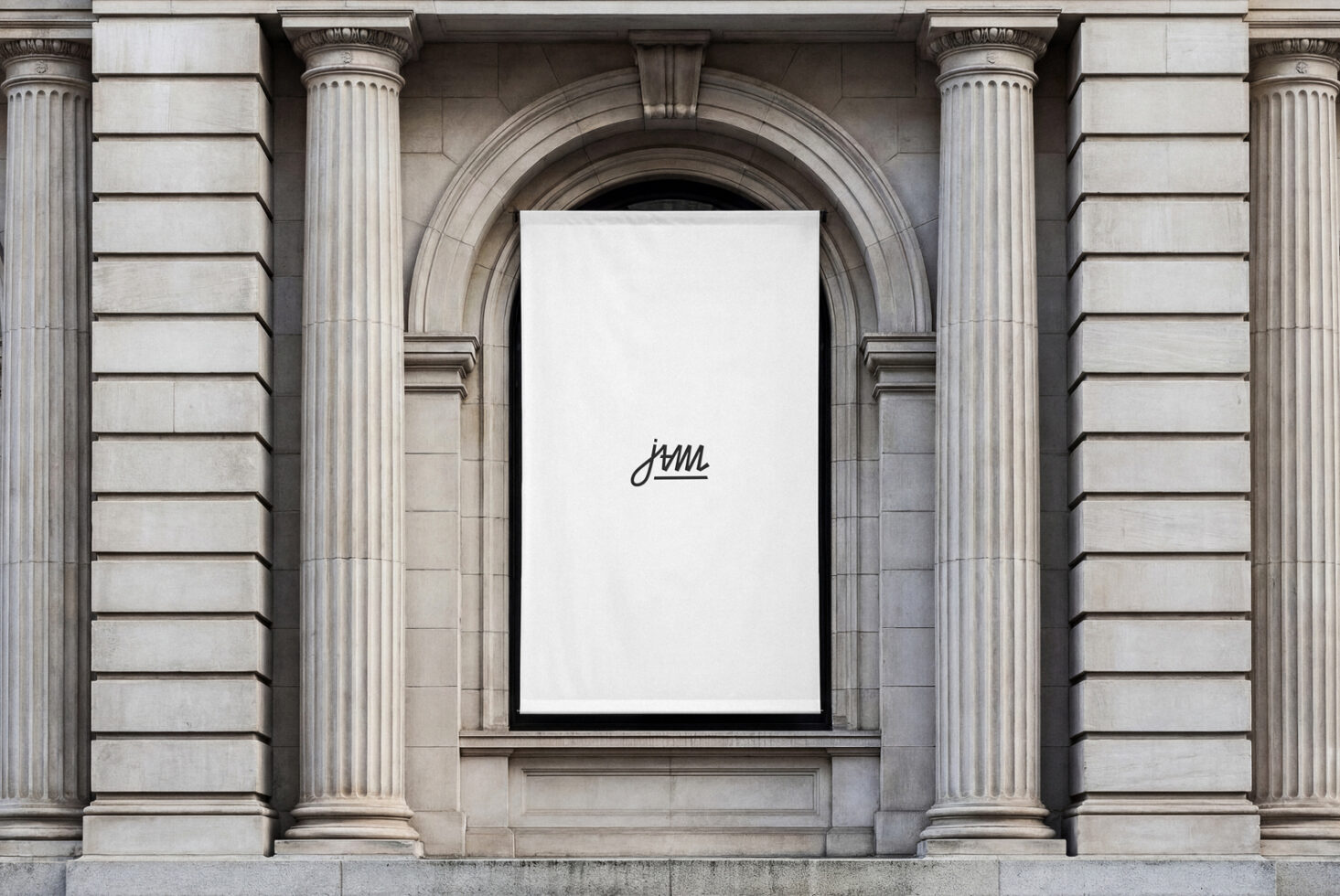 White poster mockup on neoclassical architecture with ornate columns