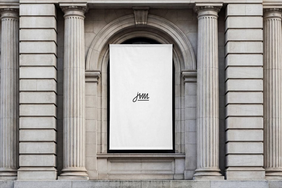 White poster mockup on neoclassical architecture with ornate columns