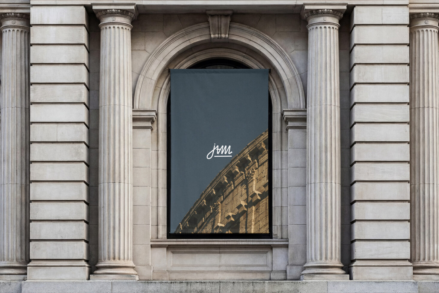 Architectural facade window mockup showing evening sky reflection