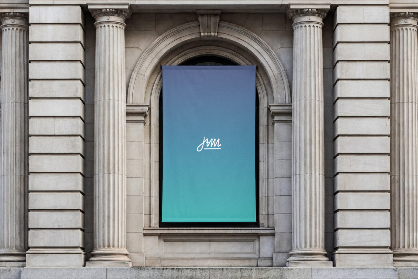 Storefront window display mockup with blue gradient background