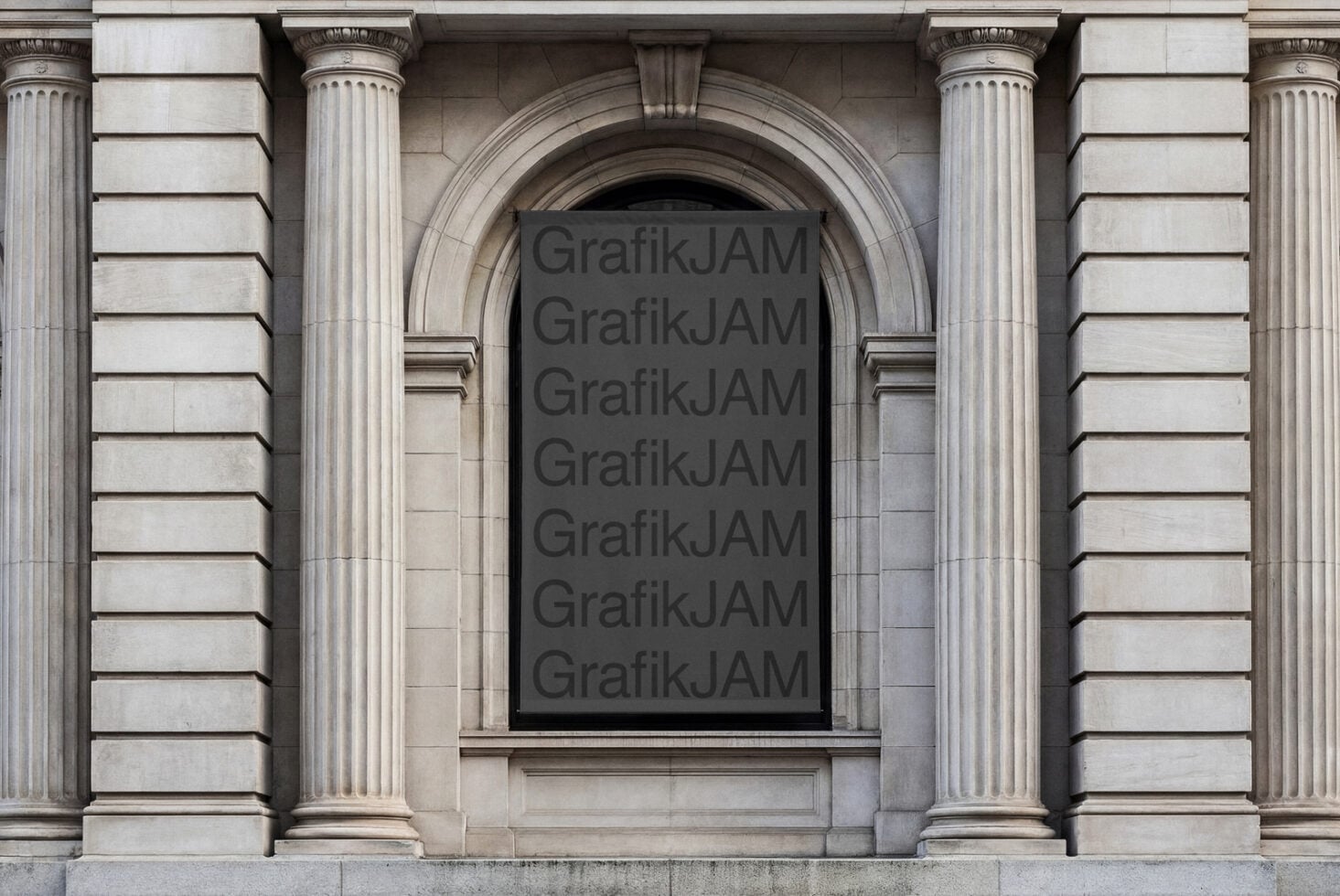Dark poster on classical stone building facade with columns, ready for design