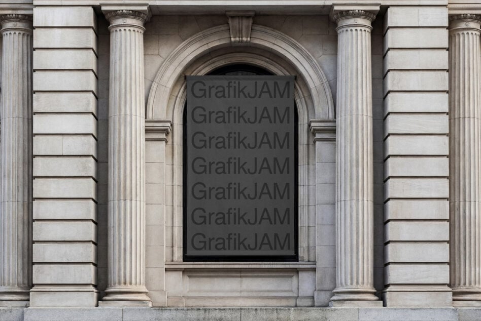 Dark poster on classical stone building facade with columns, ready for design
