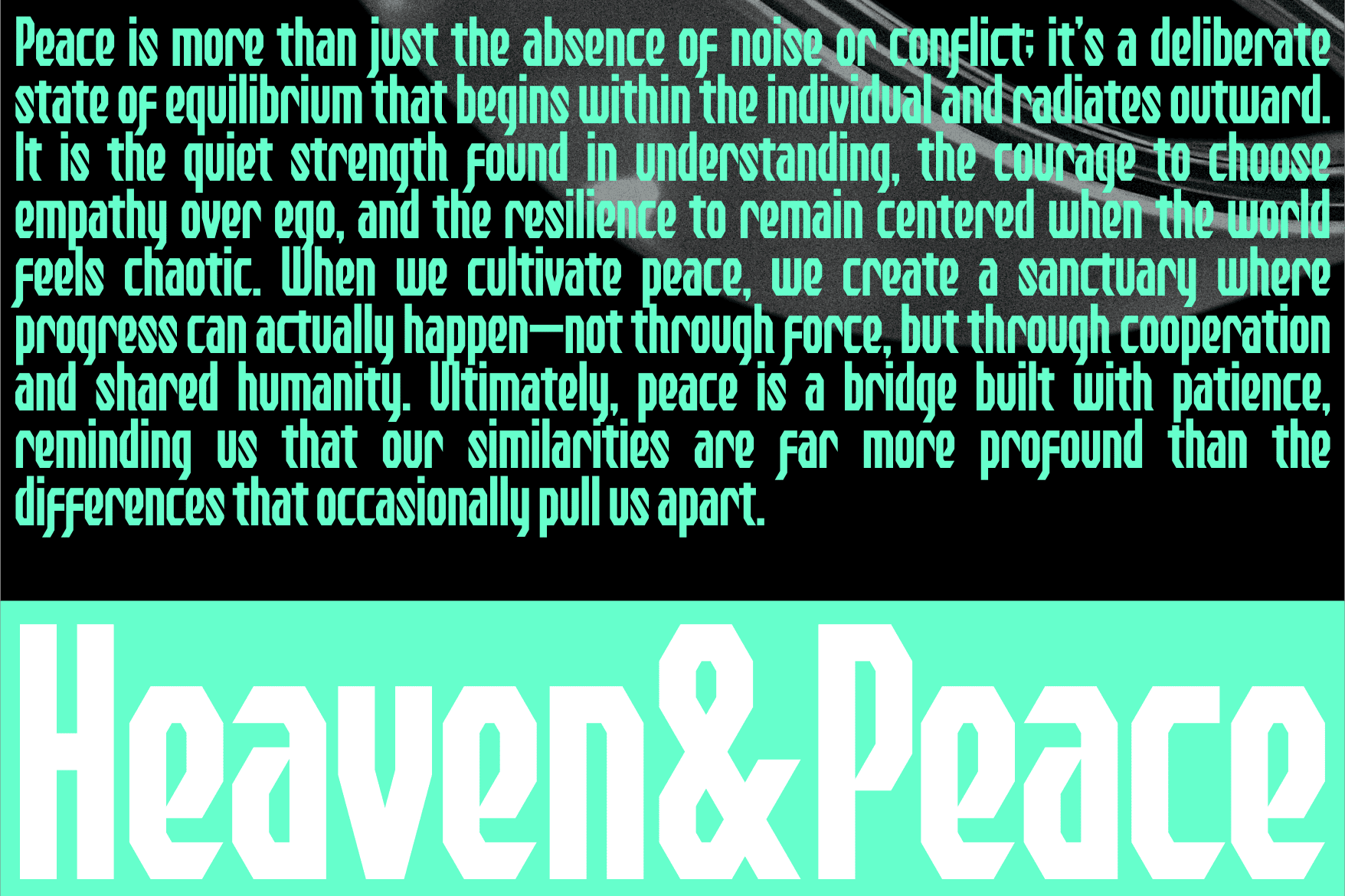 Neon mint typography on black about peace with long philosophical quote