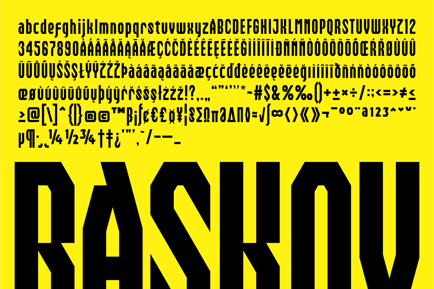 Raskiu typeface with full character set on bright yellow