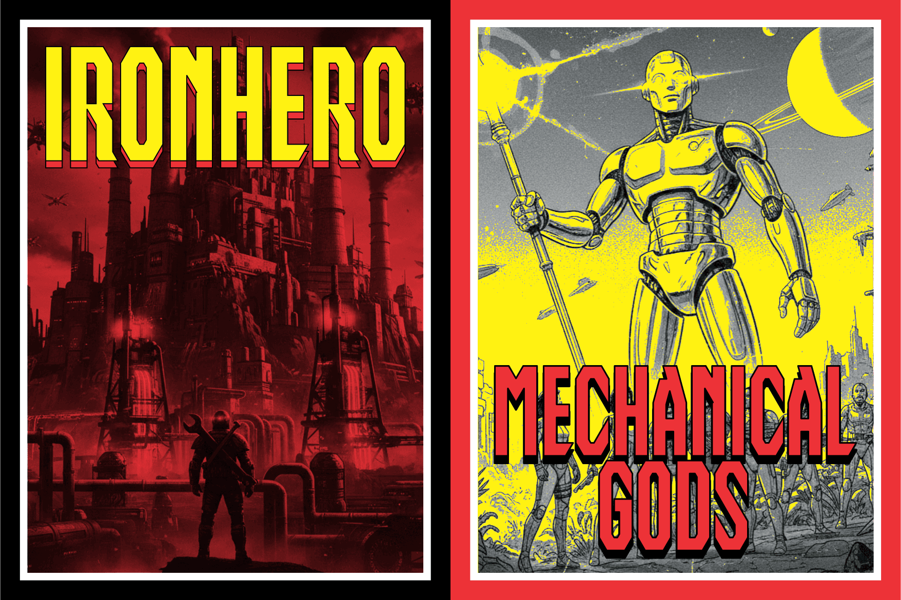 Comic book style mockups featuring bold yellow typography