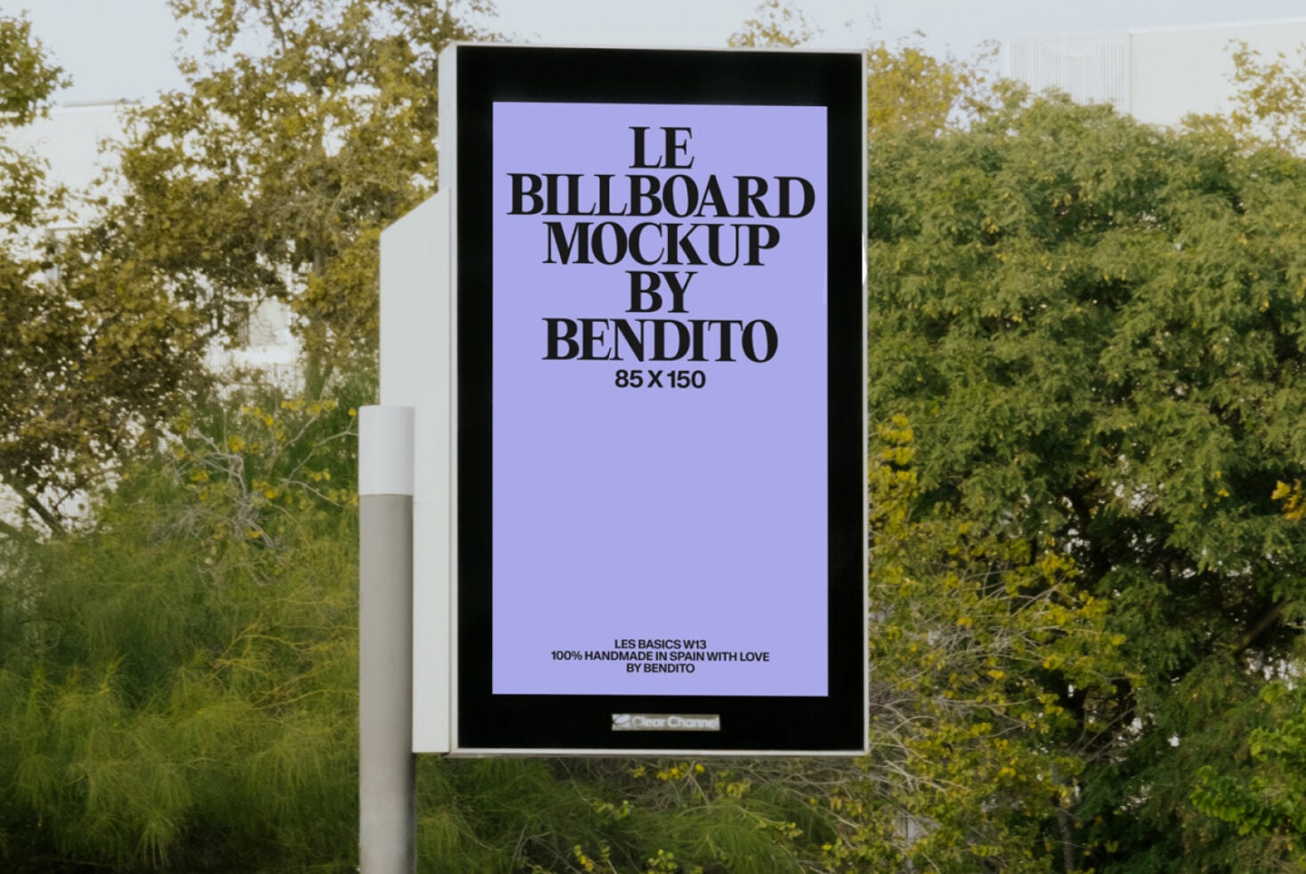 Public signage with lavender background on pole surrounded by green foliage