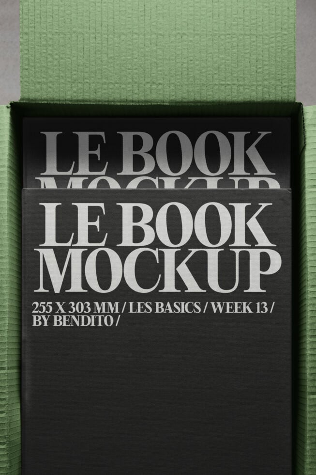 Black hardcover book in green box showing white text LE BOOK MOCKUP 255X303MM