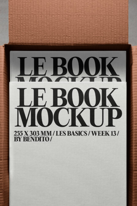 Stacked cream book covers with bold serif type on terracotta cardboard box