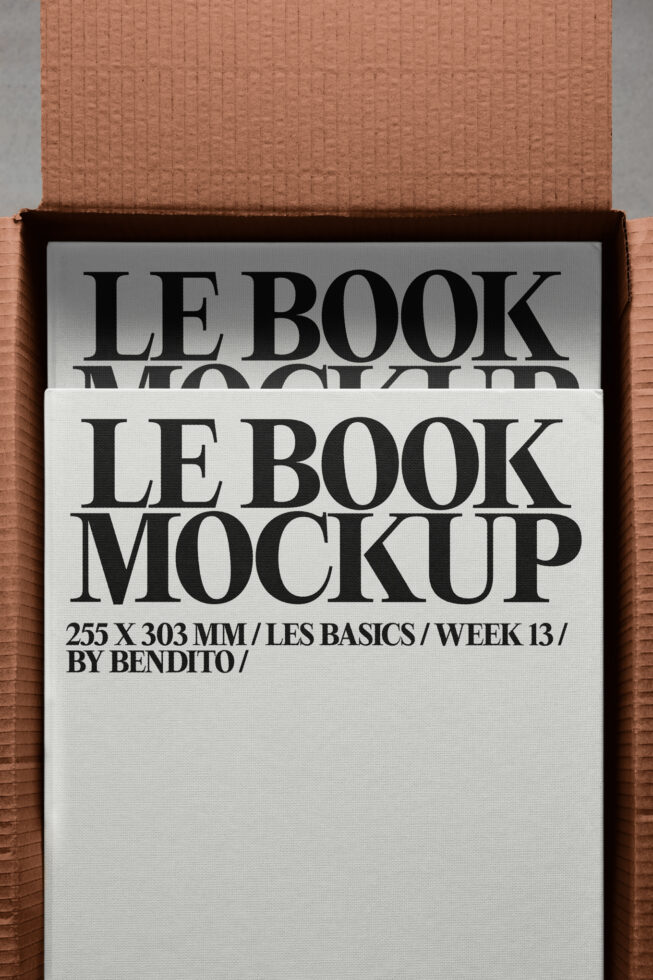 Stacked cream book covers with bold serif type on terracotta cardboard box