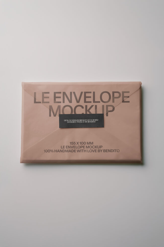 Dusty rose envelope with black label, text reads 155X100MM LE ENVELOPE MOCKUP