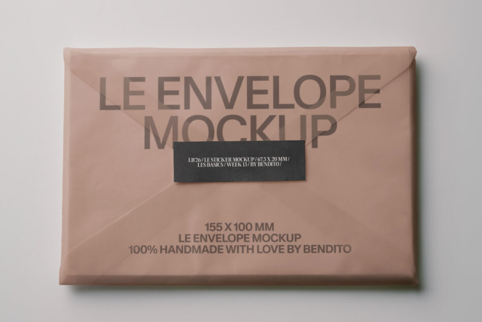 Dusty rose envelope with black label, text reads 155X100MM LE ENVELOPE MOCKUP