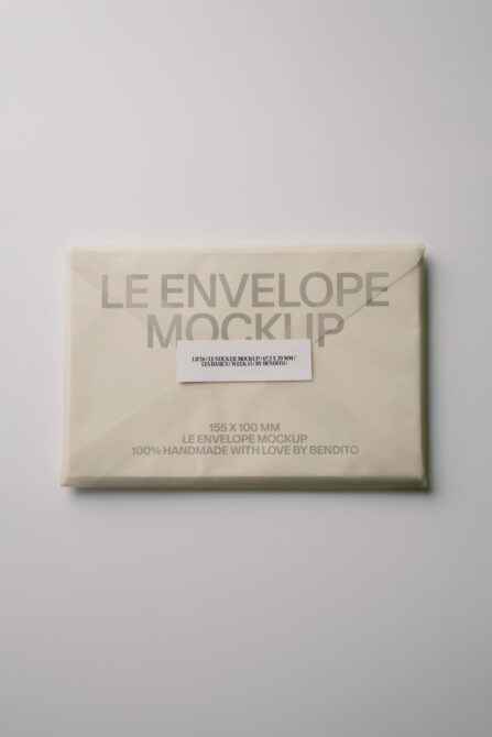 Cream envelope with white label, text reads 155X100MM LE ENVELOPE MOCKUP