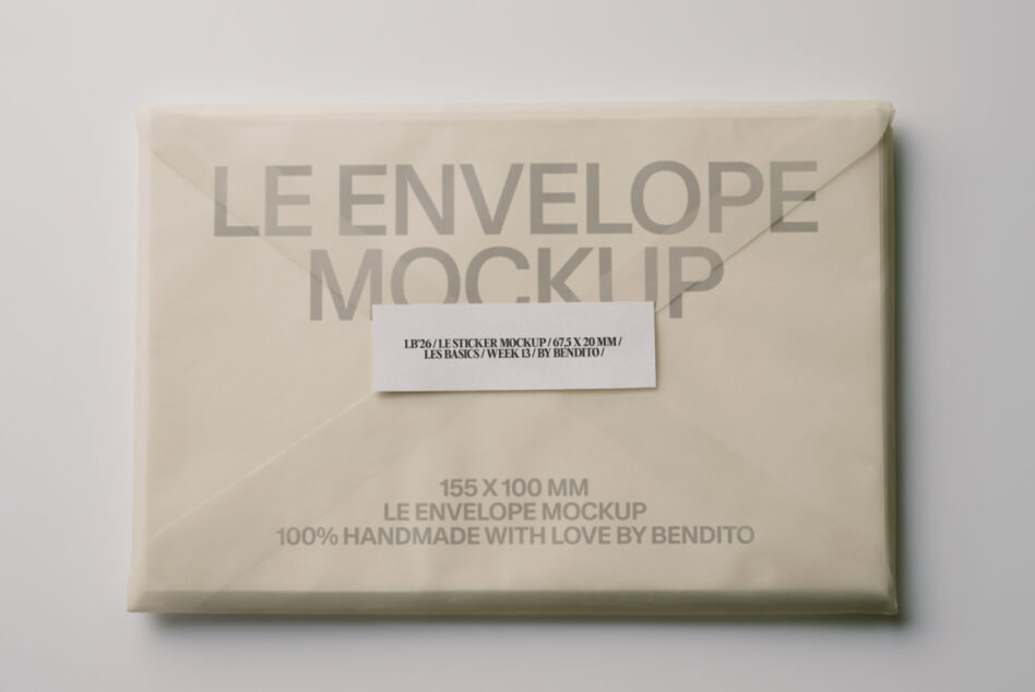 Cream envelope with white label, text reads 155X100MM LE ENVELOPE MOCKUP