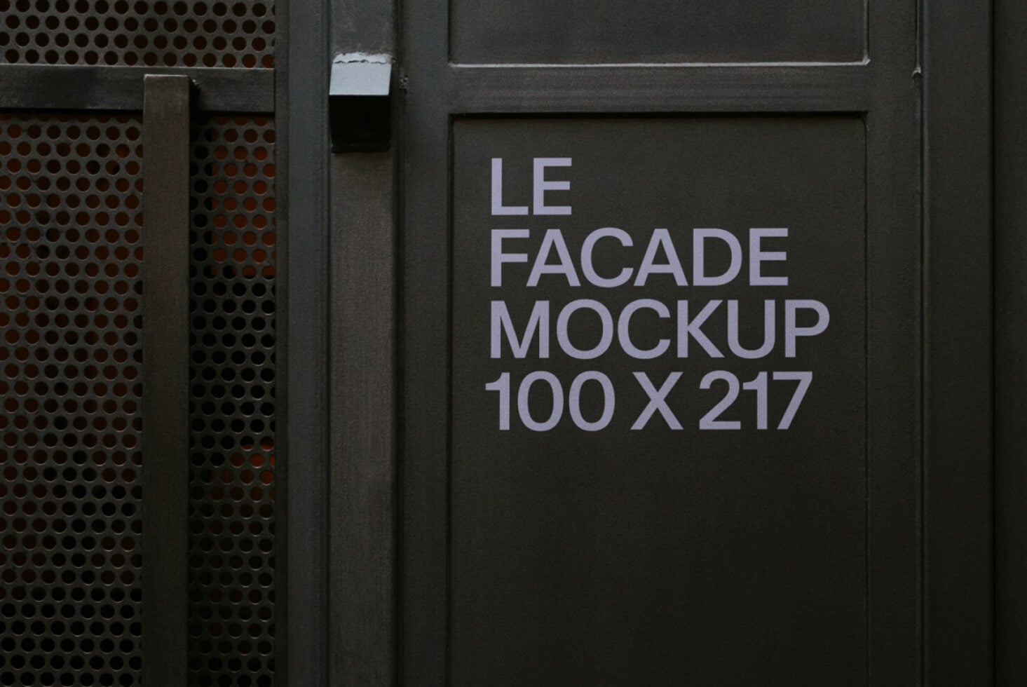 Dark door with perforated metal, lavender text reads LE FACADE MOCKUP 100X217