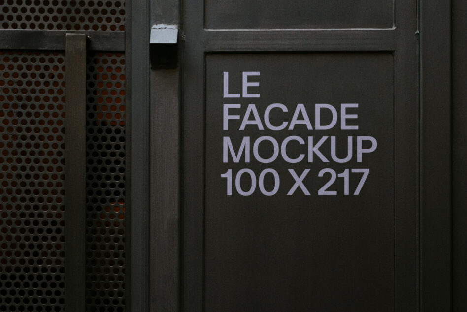 Dark door with perforated metal, lavender text reads LE FACADE MOCKUP 100X217
