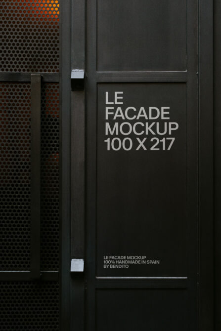 Dark door with perforated metal panel, white text reads LE FACADE MOCKUP 100X217