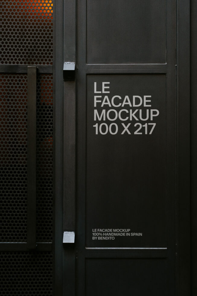 Dark door with perforated metal panel, white text reads LE FACADE MOCKUP 100X217