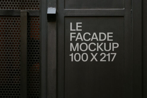 Dark door with perforated metal, white text reads LE FACADE MOCKUP 100X217
