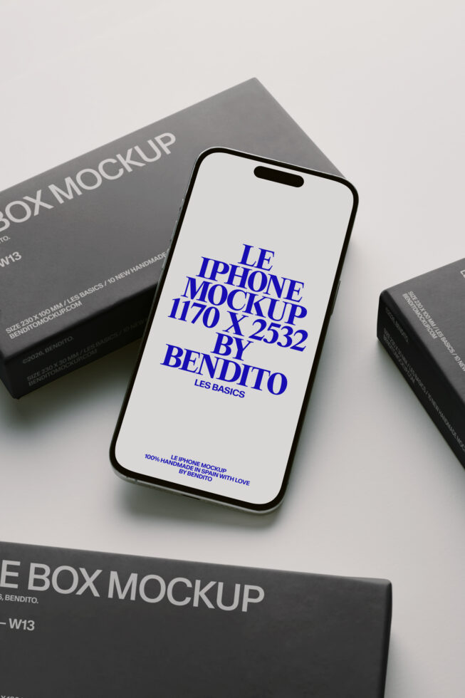 iPhone screen mockup in blue type surrounded by gray box packaging shots