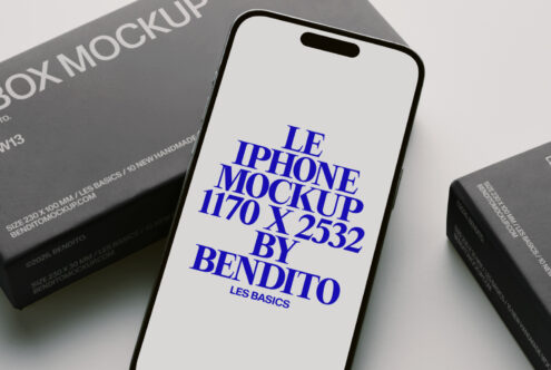 iPhone 14 Pro mockup on gray box displaying bright blue typography
