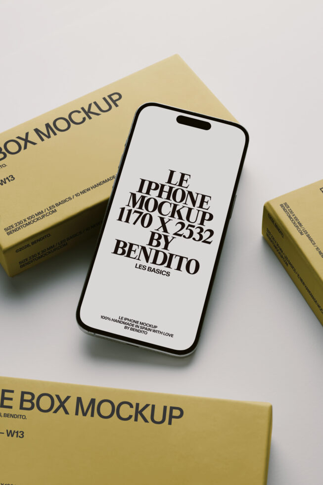 iPhone 14 Pro mockup on yellow box with black serif text centered