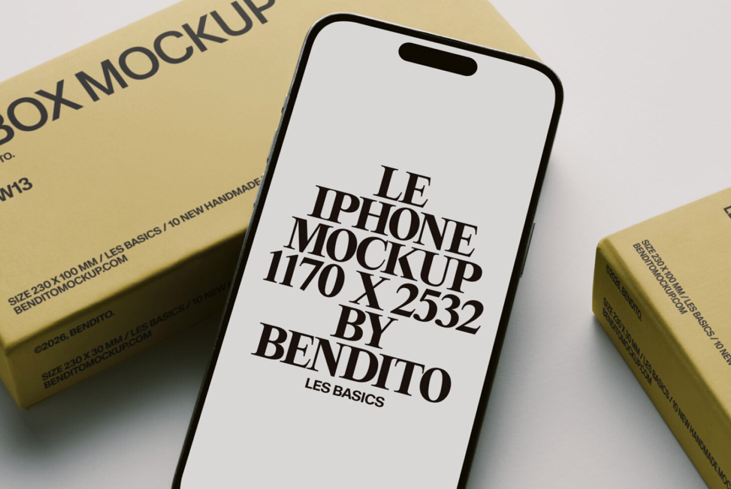 iPhone 14 Pro mockup nestled between yellow boxes showing black text display