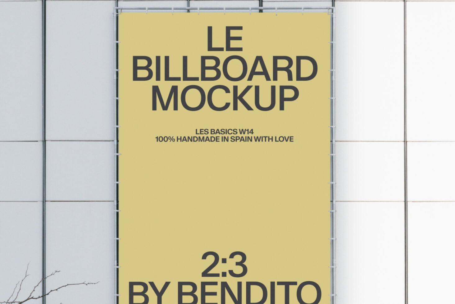 Yellow 2:3 scale billboard mockup clipped to metal grid storefront structure