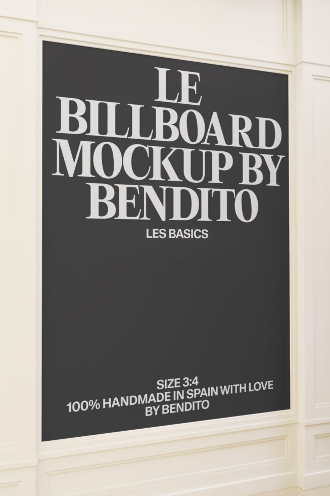 Indoor framed billboard mockup with dark background, cream border, gallery wall setting
