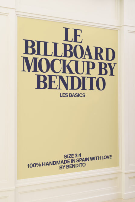 Butter yellow poster with navy serif text reading Le Billboard Mockup by Bendito