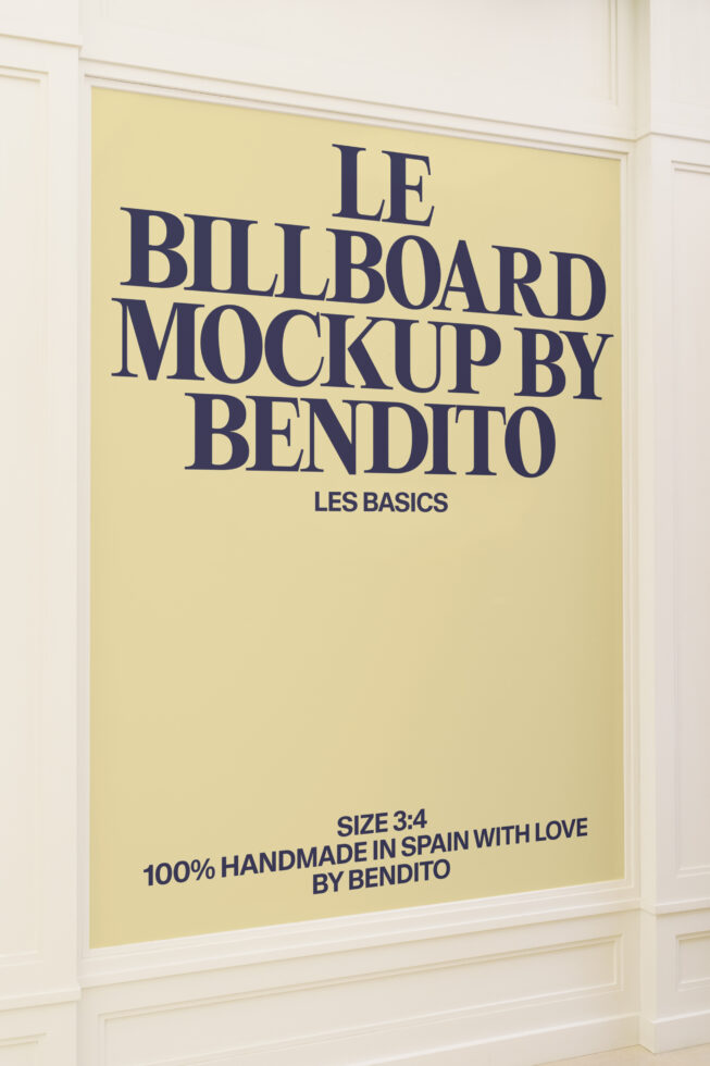 Butter yellow poster with navy serif text reading Le Billboard Mockup by Bendito