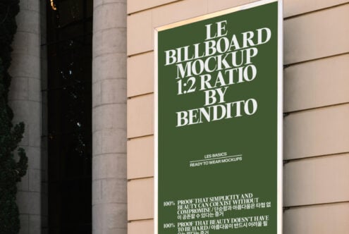 Facade mounted billboard mockup with dark green background, white frame, minimalist layout