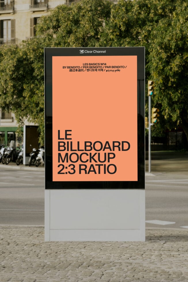 Street billboard mockup with orange panel displaying black sans serif type in urban setting