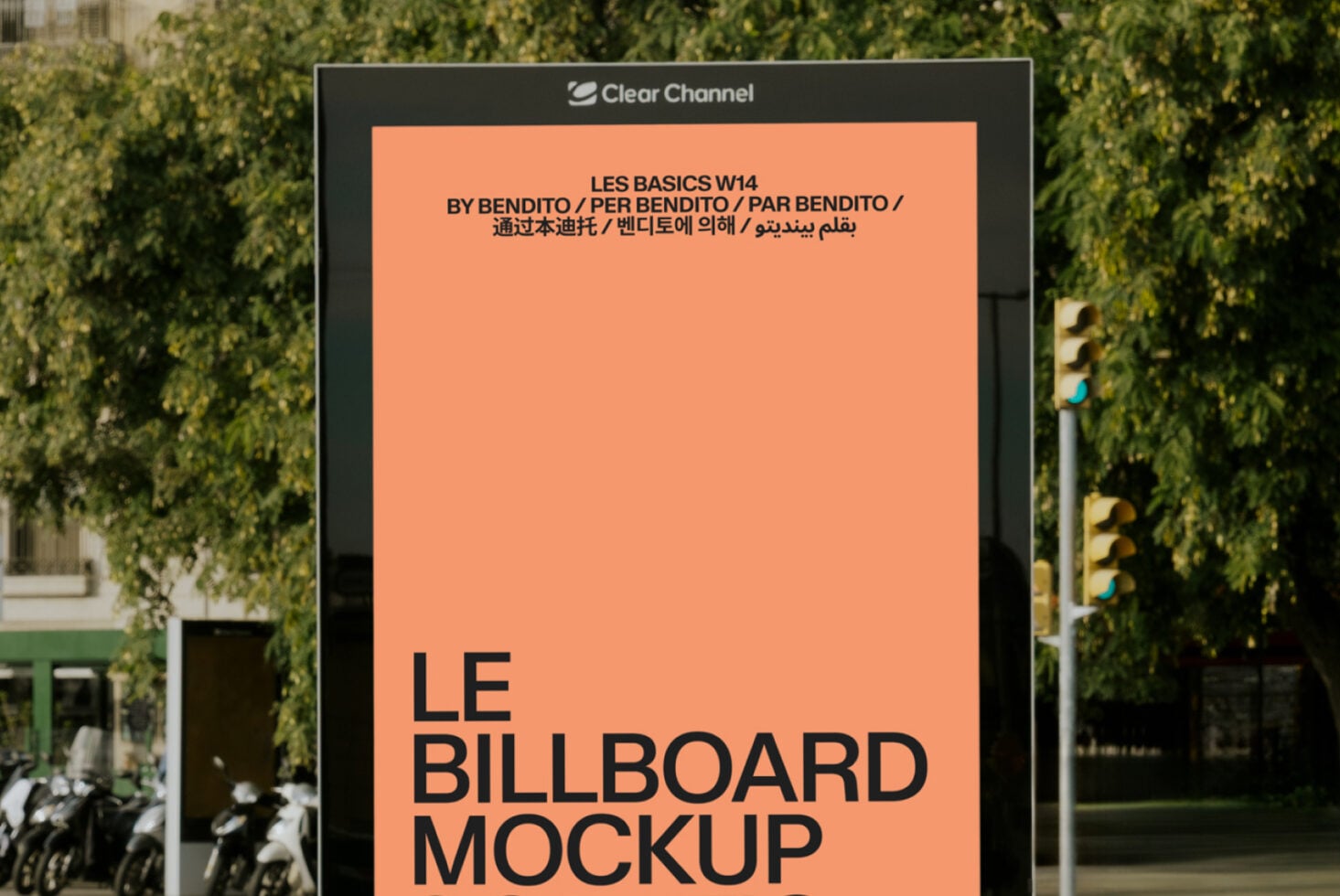 Outdoor billboard mockup with black frame displaying peach colored design space