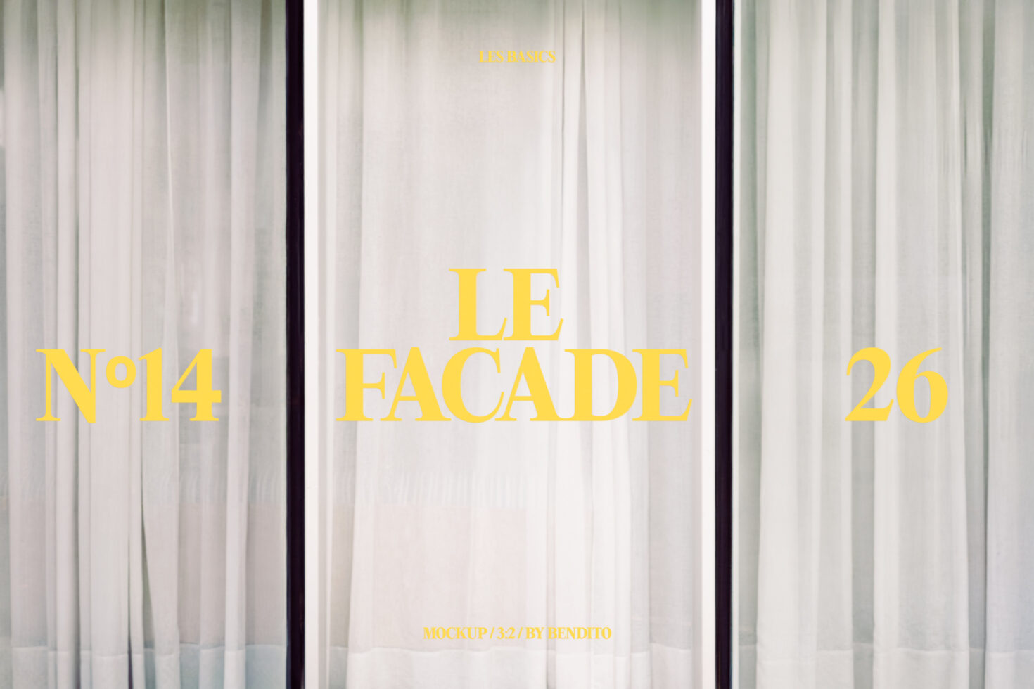 Window display mockup with flowing white curtains showing Le Facade in yellow text