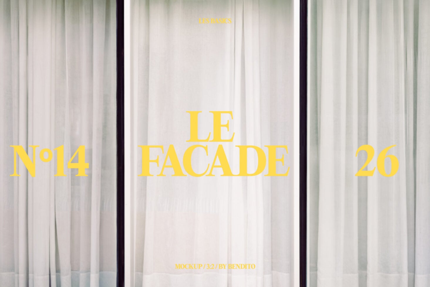 Display window mockup with sheer curtains showing Le Facade branding in yellow