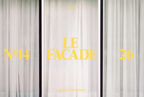 Display window mockup with sheer curtains showing Le Facade branding in yellow