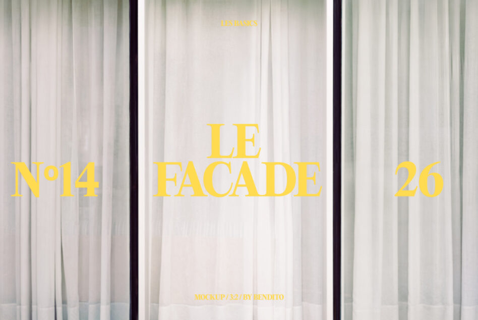 Display window mockup with sheer curtains showing Le Facade branding in yellow