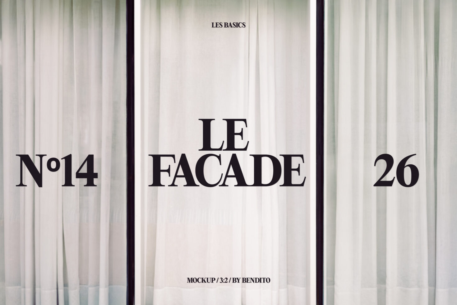 Storefront mockup with cream curtains displaying Le Facade text in black serif font