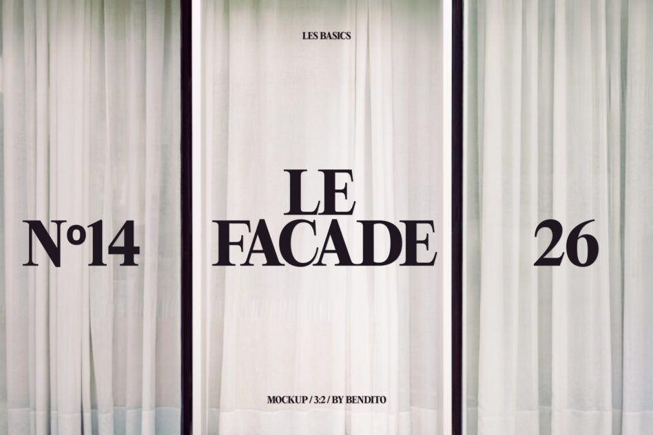 Storefront mockup with cream curtains displaying Le Facade text in black serif font