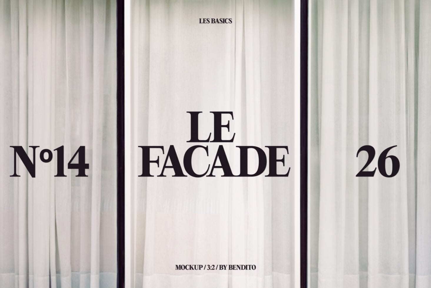 Retail window mockup with white curtains featuring Le Facade text in black serif