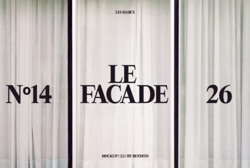 Retail window mockup with white curtains featuring Le Facade text in black serif