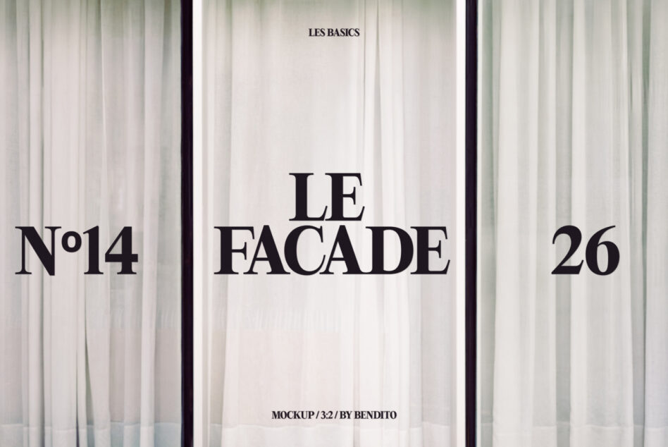 Retail window mockup with white curtains featuring Le Facade text in black serif