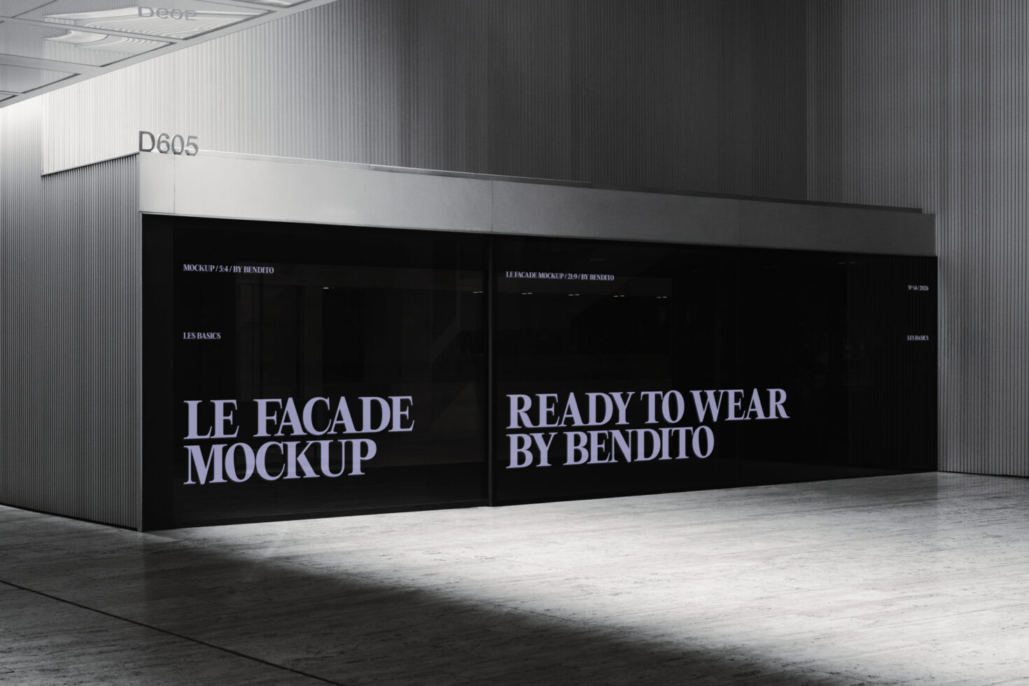 Retail storefront facade mockup with two black signage panels in warehouse
